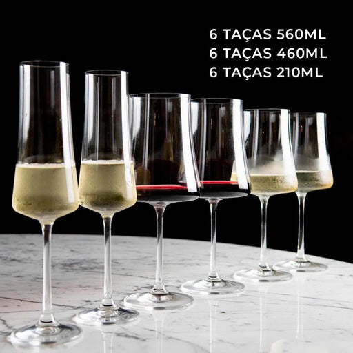 Kit Promocional: Linha Taças em Cristal Sommelier para Vinho Tinto, Branco e Espumante (18 Taças)