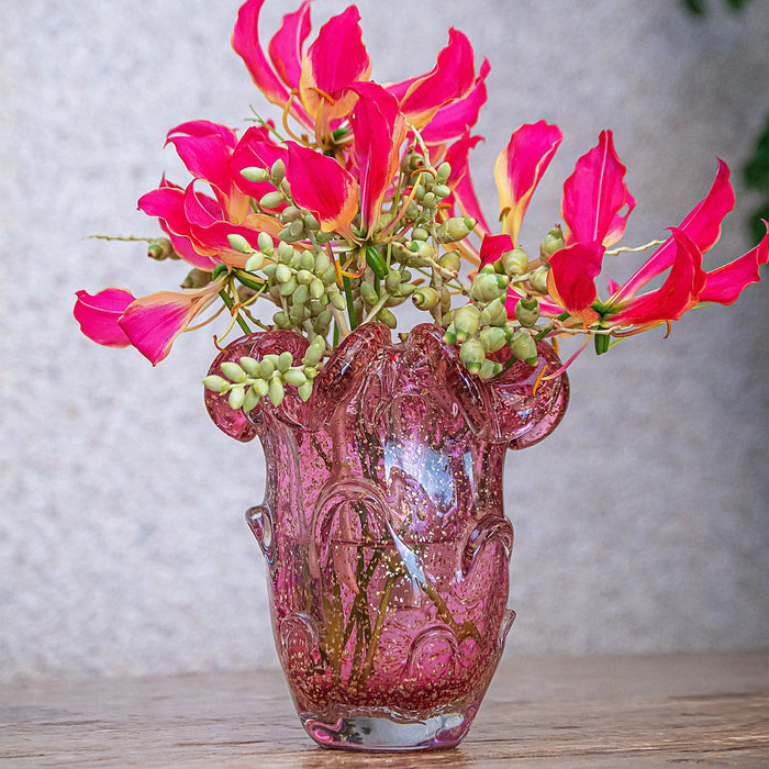 Vaso em Vidro Italy Murano Rosa e Dourado 13x14,5cm